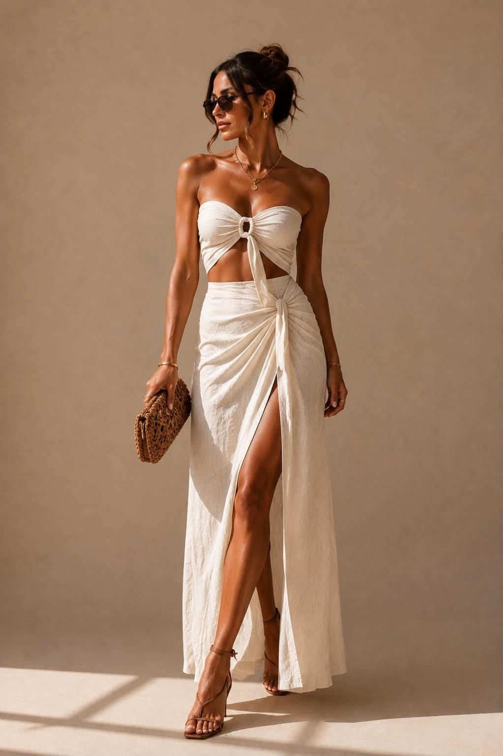Robe drapée écrue et sac en raphia