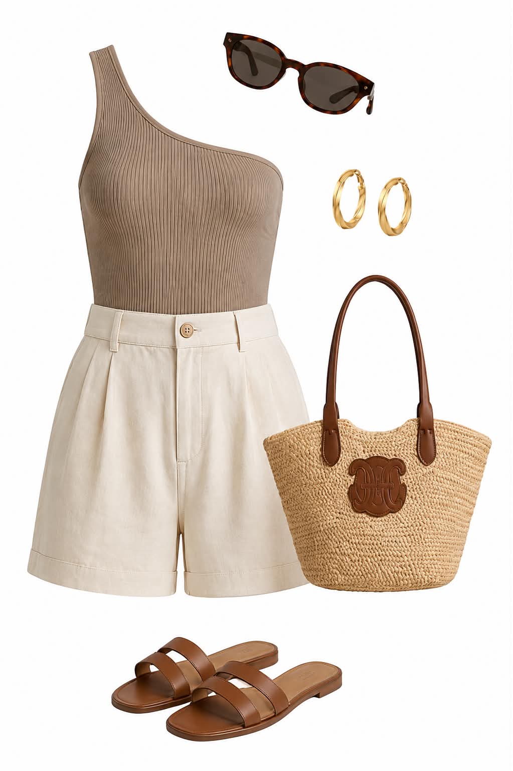 Haut asymétrique taupe, short de lin écru, cabas en raphia et mules camel